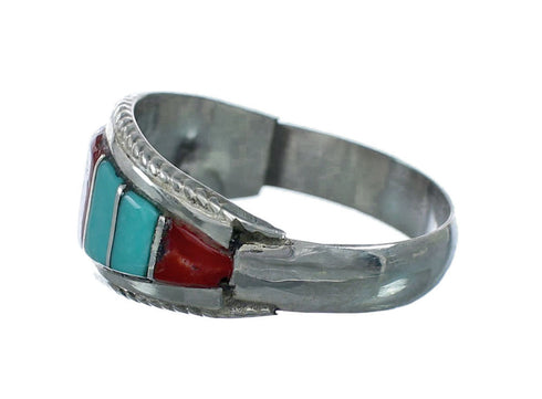 Turquoise and Coral Inlay Native American Sterling Silver Ring Size 8-1/4 NN20587